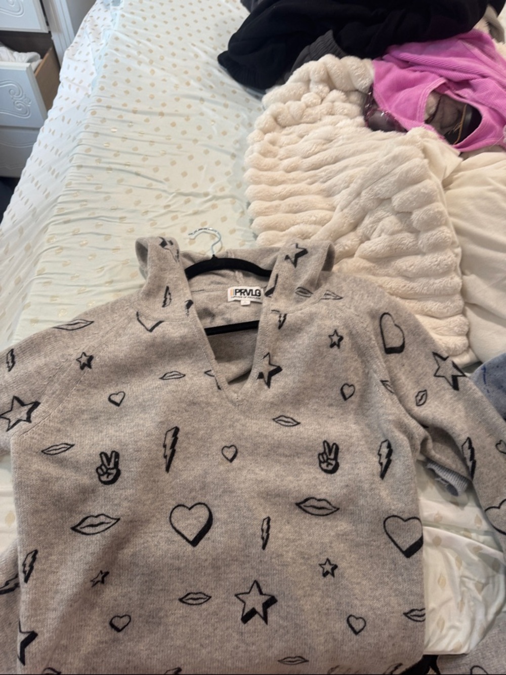 Women's Gray Hooded Sweater with Black Graphic Motifs